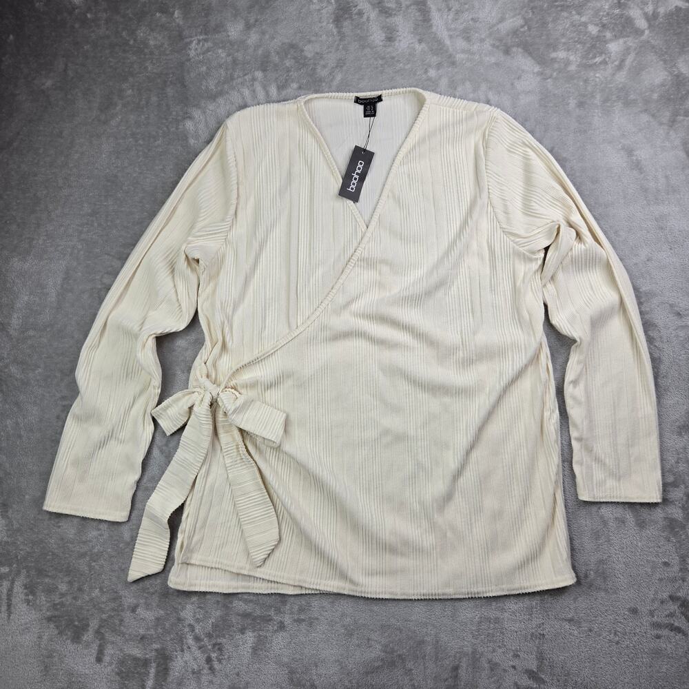 Boohoo Womens US 14 Ivory Ribbed Wrap Top Long Sleeve Tie Waist Boho Minimalist